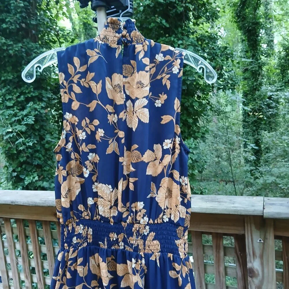 N Lepore Sleeveless Gold Floral on Navy Midi Dress with Shirring & Ruffles Sz 4